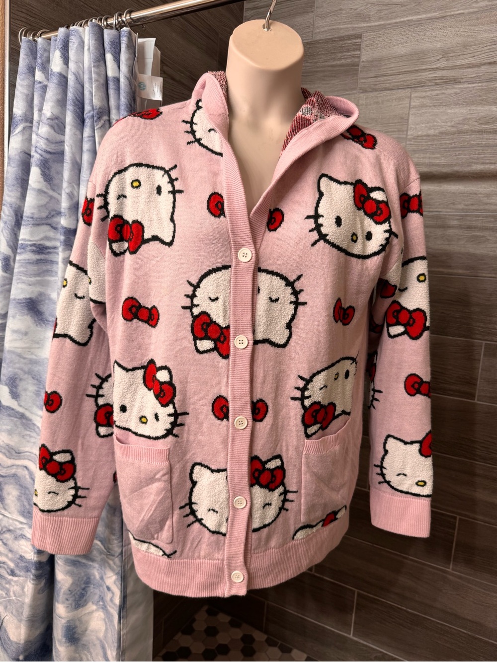 Hello Kitty Face Bow Hooded Cardigan Size L Pink Sanrio - Picture 6 of 9